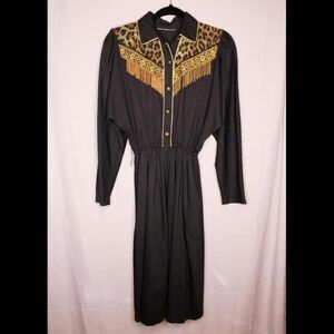 Vintage 80s Leopard Print Western Fringe Dress